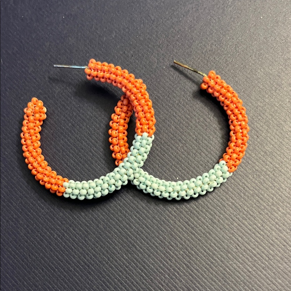 Funky Vintage Orange and Light Blue Beaded Hoop Earrings